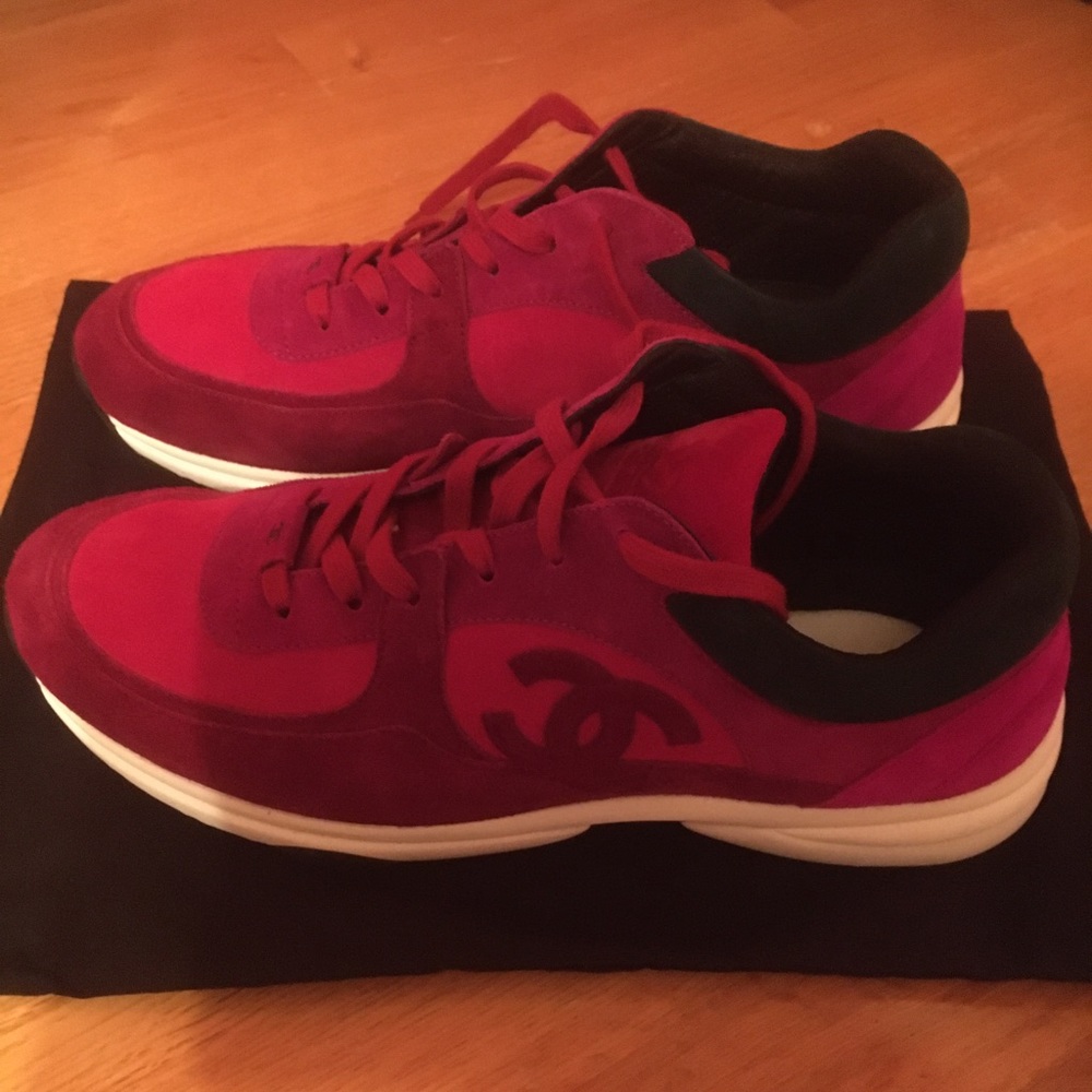 Chanel suede runners in a multi-colored maroon, burgundy and green. Size 13 US.